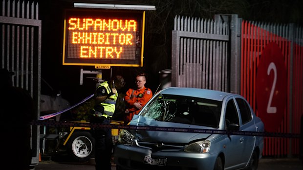 Emergency services at the scene outside Supanova after a car mounted the kerb and killed one pedestrian.