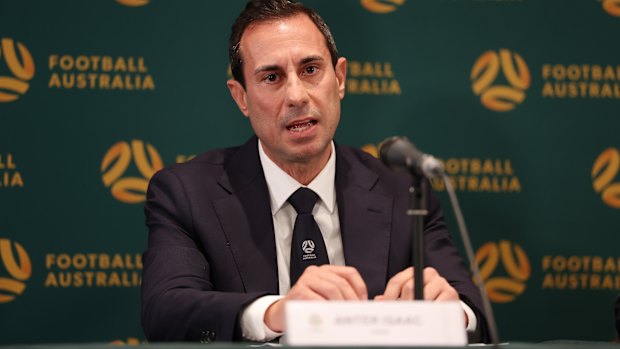 Football Australia chairman Anter Isaac addresses Thursday’s AGM.