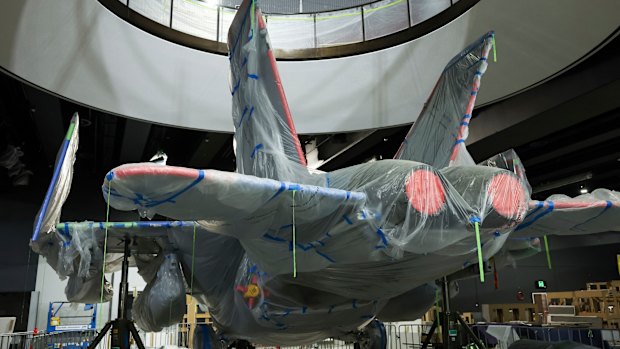 The F/A-18 Hornet under the Aperture in the Middle East Gallery, seen during a visit to view construction work of Anzac Hall at the Australian War Memorial in Canberra on Wednesday 2 July