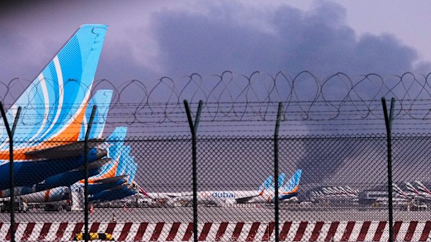 Planes parked at Dubai International Airport after a drone strike earlier in March.