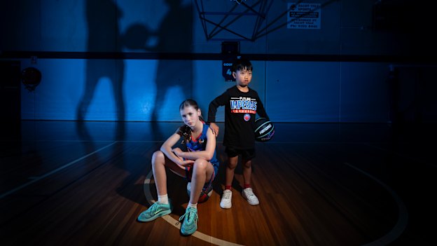 Westgate Basketball Association players Estelle Chisholm, 10, and Hendrix Caguioa, 6, are relegated to run-down facilities like Braybrook’s RecWest. 