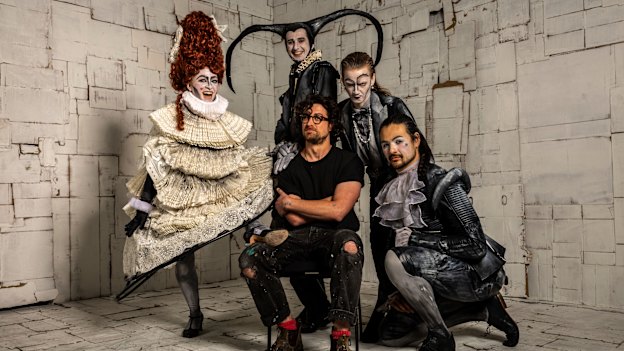 Cast of The Crocodile Jess Stanley, James Cerche, Cait Spiker and Joey Lai in costume with costume and set designer Dann Barber (centre).