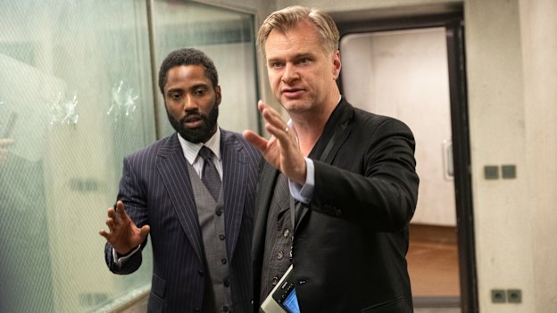 Christopher Nolan, right, directs John David Washington on the set of Tenet.