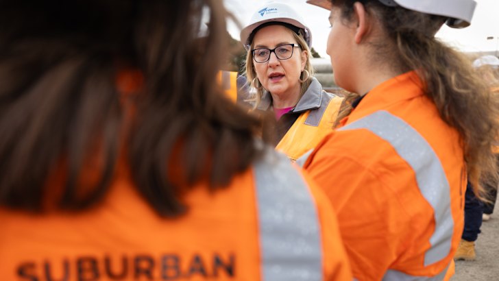 Premier Jacinta Allan, then the minister for the Suburban Rail Loop, inspecting works in Burwood in August 2023.