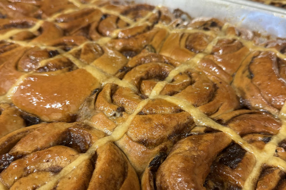 Bobo Bakery’s cinnamon scroll hot cross buns.