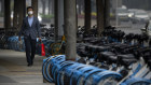 Lines of unused share bicycles near a closed subway in Beijing’s CBD during what is normally morning rush hour.
