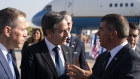 Antony Blinken with Israeli Foreign Minister Gabi Ashkenazi, upon arrival at Tel Aviv Ben Gurion Airport on Tuesday.