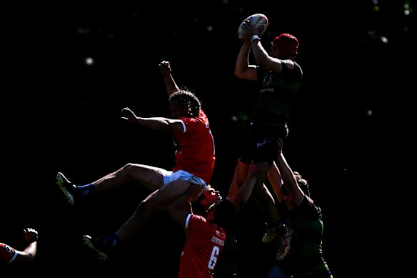 RC Leipzig players, right, battle for a line-out throw during the seventh place match at the German rugby sevens championship in Dresden, Germany.
