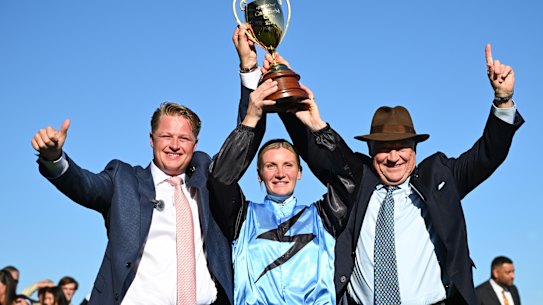 Melham with the co-trainers of Half Yours, Calvin and Tony McEvoy.