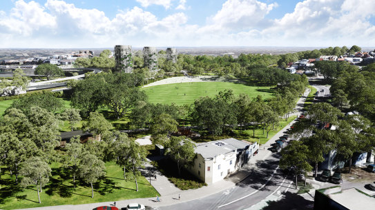 An artist's impression of the nearly 10 hectares of parkland to be created above the site of the underground interchange for WestConnex at Rozelle.
