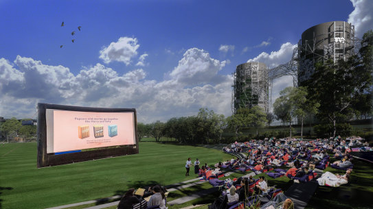 An artist’s impression of an outdoor cinema at the future Rozelle Parklands.