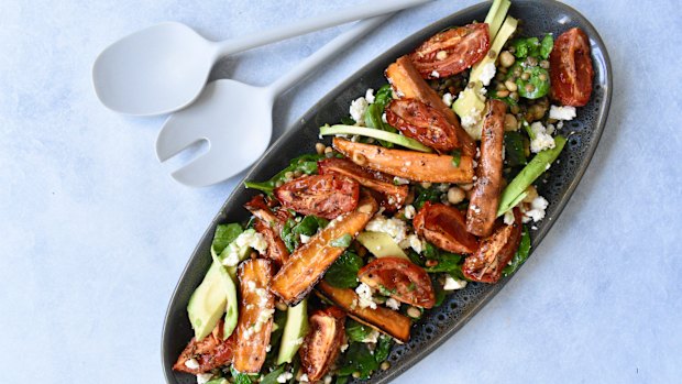 Roasted sweet potato, avocado and lentil salad is a winter winner.