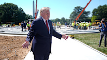 President Donald Trump speaks outside the White House, Wednesday, Aug. 19, 2026, in Washington, near the construction site of the new helicopter landing zone on the South Lawn of the White House.