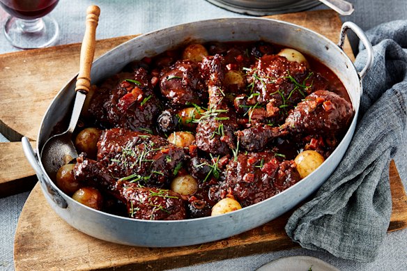 Adam Liaw’s coq au vin has a rich, glossy wine-based sauce.