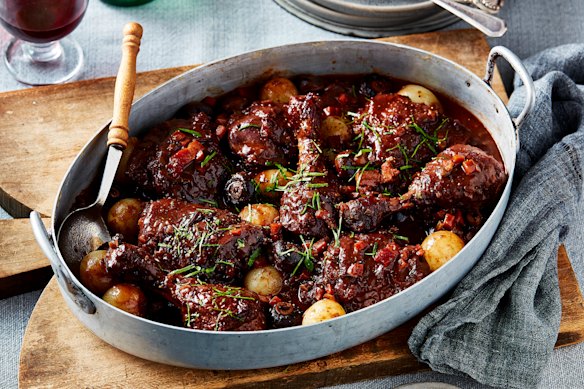 Adam Liaw’s coq au vin has a rich, glossy wine-based sauce.