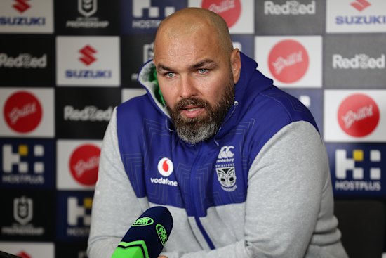 Todd Payten speaking to media in 2020 as interim Warriors coach.