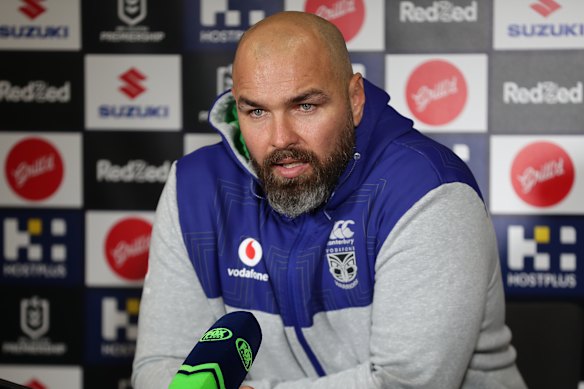 Todd Payten speaking to media in 2020 as interim Warriors coach.