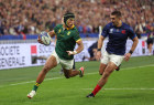 PARIS, FRANCE - OCTOBER 15: Kurt-Lee Arendse of South Africa breaks to the try line to score his team’s first try during the Rugby World Cup France 2023 Quarter Final match between France and South Africa at Stade de France on October 15, 2023 in Paris, France. 