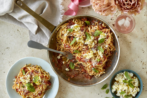 Karen Martini’s maccheroni alla chitarra with fresh tomato sauce, anchovies, ricotta and mint