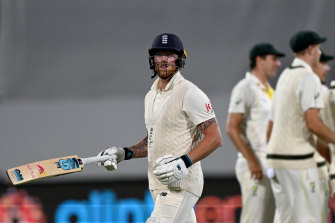Ben Stokes departs after being dismissed by Mitch Starc on day three of the fifth Test.