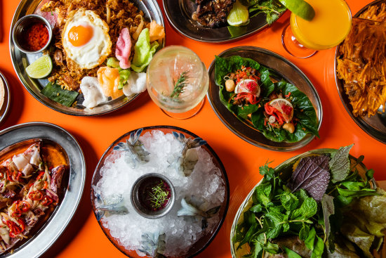 Nasi goreng and pork, coconut and lime betel leaves at MuMu.