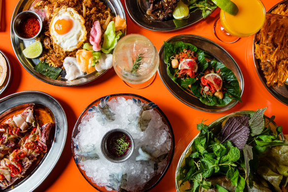 Nasi goreng and pork, coconut and lime betel leave.
