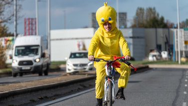 A cyclist dressed in a Tweety Pie costume rides a bicycle on an empty road during a protest against fuel costs near Rodez, France, on Saturday.