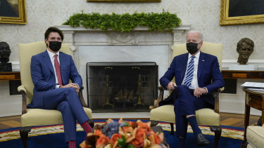 US President Joe Biden meets with Canadian Prime Minister Justin Trudeau .