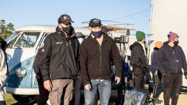 Director Shawn Seet (right) on the set of ABC surfing drama Barons. 