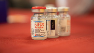 Vials of the Moderna COVID-19 vaccine at a mass vaccination super site in Chula Vista, California. 