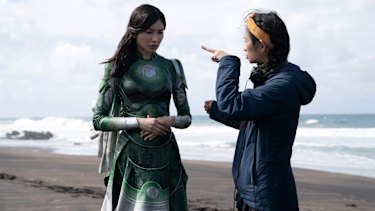 Gemma Chan and director ChloÃ© Zhao on the set of Eternals. 
