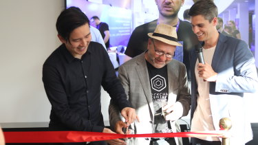 Blockchain centre founder Sam Lee, Digital X chairman Peter Rubinstein and Digital X chief executive Leigh Travers at the Blockchain centre opening.