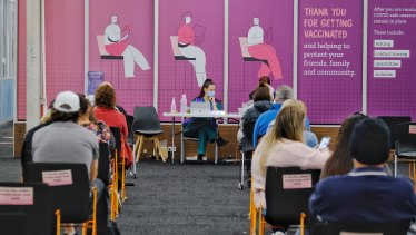 Vaccine recipients wait at the Barwon Health vaccination hub in Geelong on June 6.