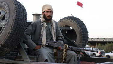 A Taliban fighter patrols in Kabul, Afghanistan.