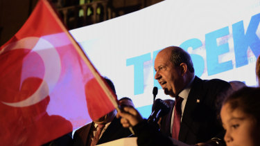 The newly elected Turkish Cypriot leader Ersin Tatar talks to his supporters after winning the Turkish Cypriot election.