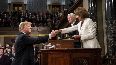 House Speaker Nancy Pelosi shakes hands with President Donald Trump at the State of the Union address.