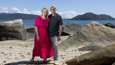 Opposition Leader Anthony Albanese and his partner Jodie Haydon campaigning on Fitzroy Island, Queensland on Friday.