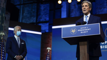 President-elect Joe Biden's climate envoy nominee former secretary of state John Kerry speaks in Wilmington on Tuesday. 