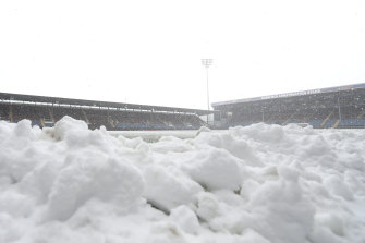 Snow on the pitch at Turf Moor in Burnley prior to the postponement of the Tottenham game.