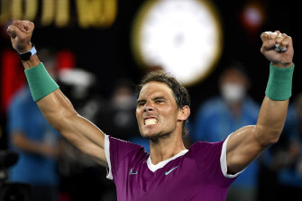 Rafael Nadal celebrates after defeating Matteo Berrettini. 