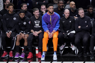 Ben Simmons on the Nets bench during game three of their play-off series against the Boston Celtics.