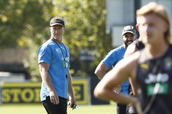 Richmond coach Damien Hardwick keeps an eye on pre-season training.