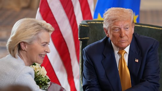 TURNBERRY, SCOTLAND - JULY 27: U.S. President Donald Trump and President of the European Commission Ursula von der Leyen shake hands as they announce a US-EU trade deal after a meeting at Trump Turnberry golf club on July 27, 2025 in Turnberry, Scotland. U.S. President Donald Trump is visiting his Trump Turnberry golf course, as well as Trump International Golf Links in Aberdeenshire, during a brief visit to Scotland from July 25 to 29. (Photo by Andrew Harnik/Getty Images)