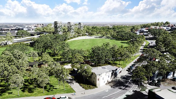 An artist's impression of the nearly 10 hectares of parkland to be created above the site of the underground interchange for WestConnex at Rozelle.
