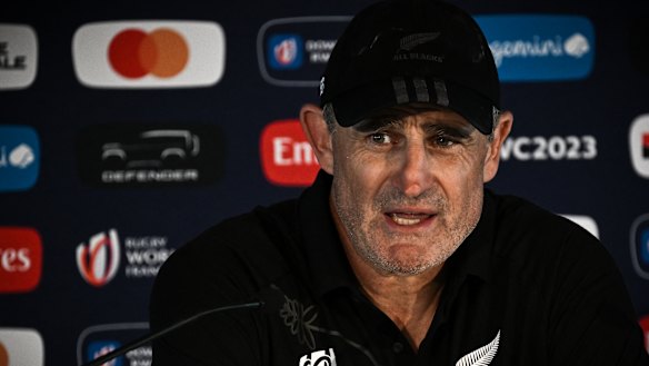 Scott McLeod speaking as a member of the All Blacks staff at the 2023 World Cup.