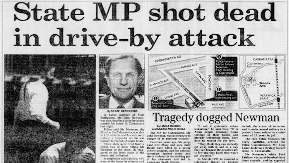 Sydney Morning Herald page 1 story, "State MP shot dead in drive-by attack", SMH 6 Sep 1994