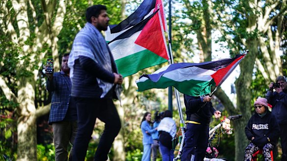 The pro-Palestinian rally in Queen Victoria Gardens on Tuesday.