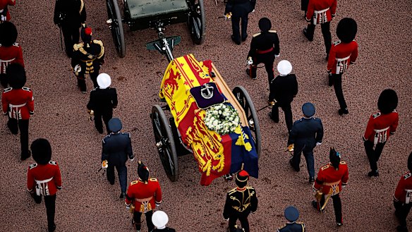 Queen Elizabeth II’s flag-draped coffin on The Mall.