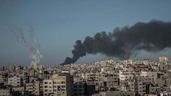 Cross-border air war: a fire north of Gaza City, along with rockets shot from from Gaza toward Israel.