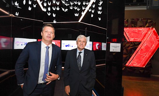Seven West Media CEO James Warburton with chairman Kerry Stokes.